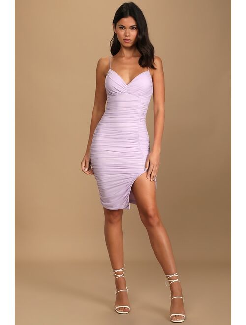 Lulus Got You Staring Lavender Ruched Mesh Bodycon Mini Dress