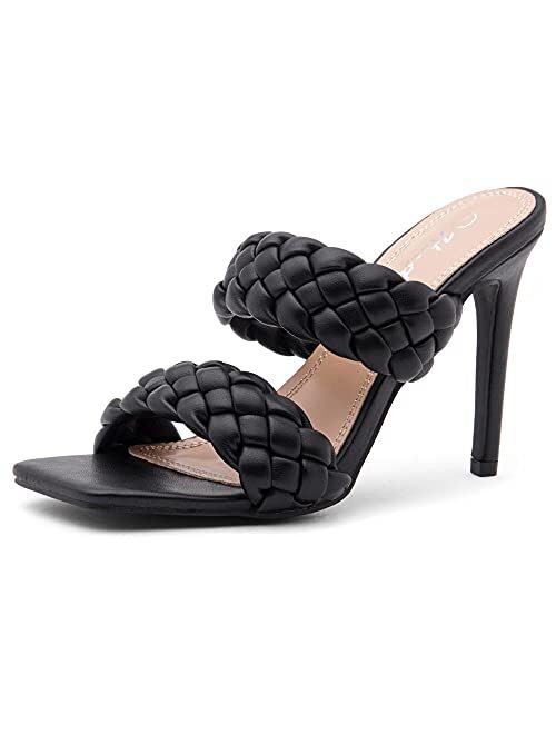 Herstyle LILAH Women's Square Open Toe Stiletto Heeled Mules Double Braided Strap Slide Sandals