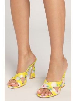Allura Yellow Floral Print Satin High Heel Slide Sandals