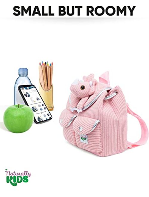 Naturally KIDS Small Dinosaur Backpack - Dinosaur Toys for Kids 3-5 - Toddler Backpack for Girl w Stuffed Animal - Gifts for 3 Year Old Boys - w Pockets & Reflective Logo