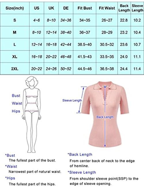 Kate Kasin Women's Polo Sweater Lightweight Knitwear V Neck Short Sleeves Spring Pullover Tops