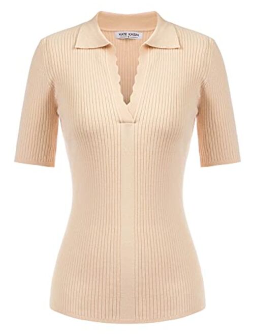 Kate Kasin Women's Polo Sweater Lightweight Knitwear V Neck Short Sleeves Spring Pullover Tops