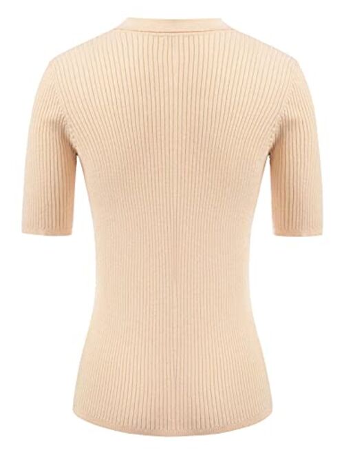 Kate Kasin Women's Polo Sweater Lightweight Knitwear V Neck Short Sleeves Spring Pullover Tops