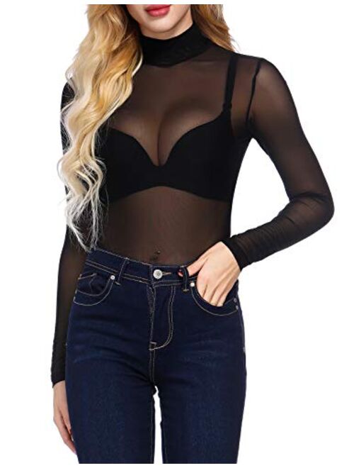 Kate Kasin Women's Mesh Tops Long Sleeve Sheer Blouse Sexy Shirt High Neck Clubwear