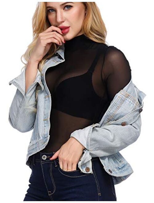 Kate Kasin Women's Mesh Tops Long Sleeve Sheer Blouse Sexy Shirt High Neck Clubwear