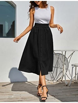 Women High Waisted Midi Skirts Casual Pleated Solid Color A Line Skirts with Pockets