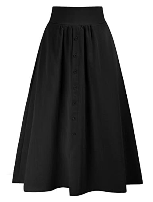 Kate Kasin Women High Waisted Midi Skirts Casual Pleated Solid Color A Line Skirts with Pockets
