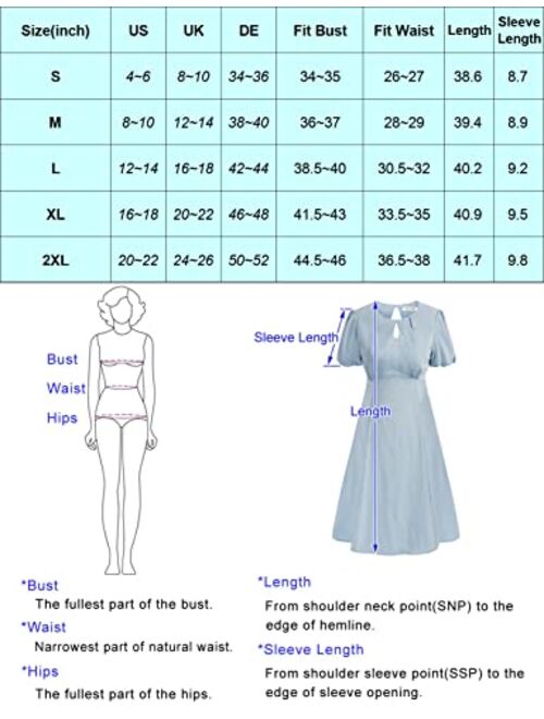 Kate Kasin Women's Puff Short Sleeve Summer Casual A Line Dress Round Neck Keyhole Front Fashion Party Midi Dress