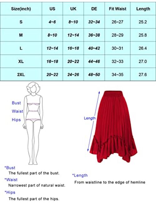 Kate Kasin Women's Pleated Elastic High Waist A Line Ruffle Swing Midi Skirts