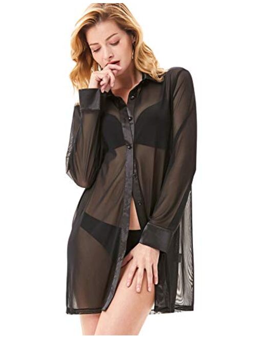 Kate Kasin Women’s Sexy Sleep Shirts Mesh Long Sleeve Swimwear Cover Up Sheer Blouse Lingerie S-XXL