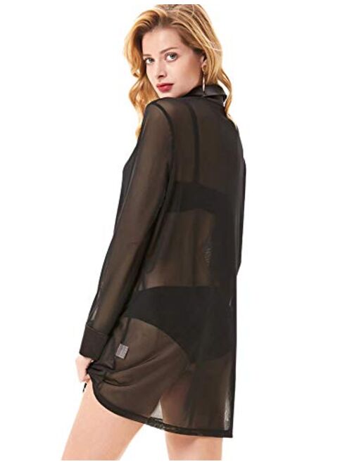 Kate Kasin Women’s Sexy Sleep Shirts Mesh Long Sleeve Swimwear Cover Up Sheer Blouse Lingerie S-XXL