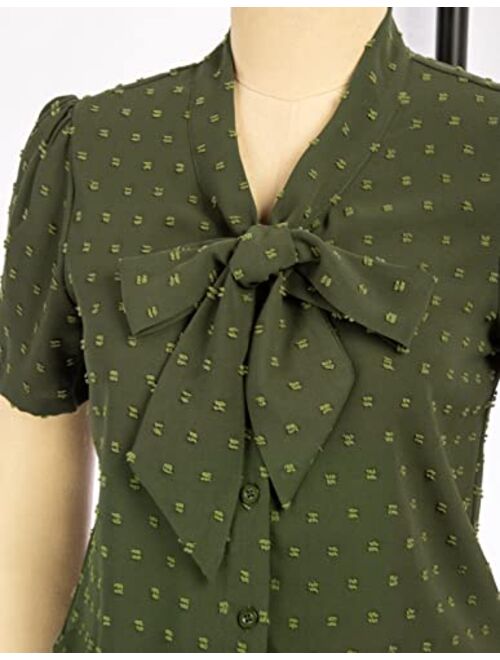 Kate Kasin Women Bow Tie Neck Office Blouse Button Down Long Sleeve Bodysuit Blouse Top
