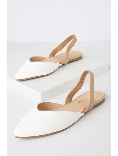 Lulus Mae White and Nude Pointed-Toe Slingback Flats