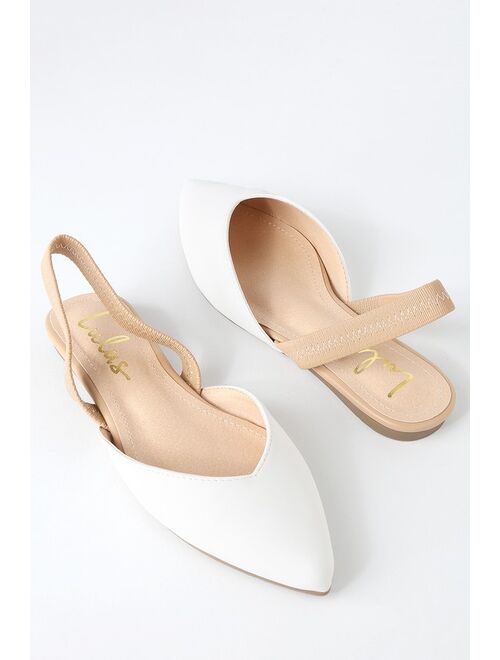 Lulus Mae White and Nude Pointed-Toe Slingback Flats