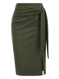 Women's Skirt Elastic High Waist Bow Tie Knee Length Stretch Bodycon Pencil Skirts with Slit