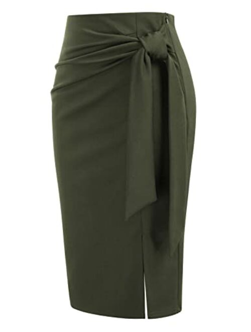 Kate Kasin Women's Skirt Elastic High Waist Bow Tie Knee Length Stretch Bodycon Pencil Skirts with Slit