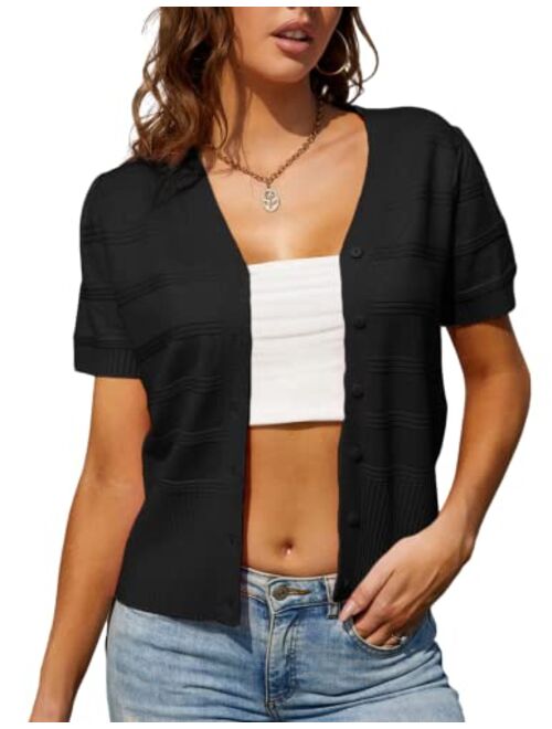 Kate Kasin Women Retro Short Puff Sleeve Short Bolero Cardigan Button Down Cropped Sweater Shrug Top