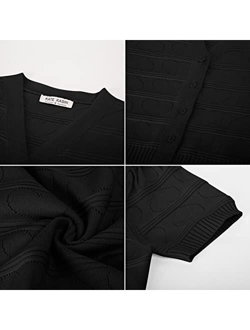 Kate Kasin Women Retro Short Puff Sleeve Short Bolero Cardigan Button Down Cropped Sweater Shrug Top