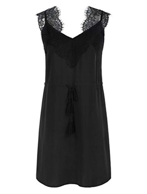 Kate Kasin Womens Summer Wide Lace Trim Shoulder Strap Dress V Neck Sleeveless Waist Drawstring A-Line Casual Mini Dress