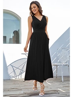 Women Summer Wrap V Neck Sleeveless Maxi Dress Pocket Loose Long Dress Maxi Casual Dresses