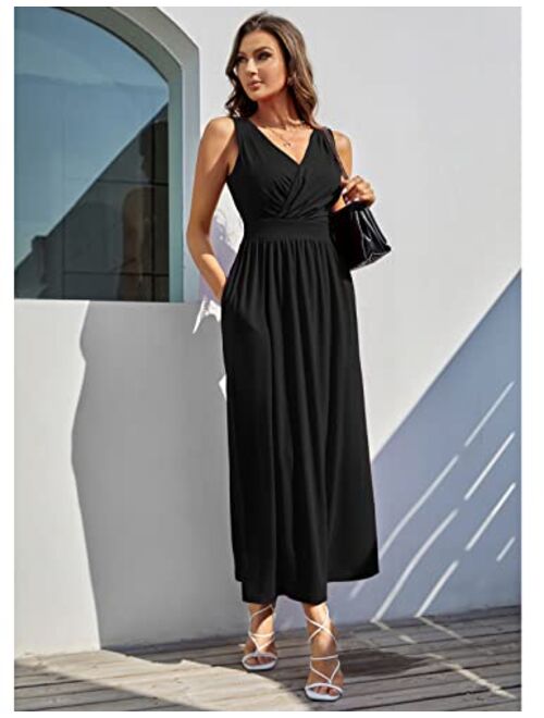 Kate Kasin Women Summer Wrap V Neck Sleeveless Maxi Dress Pocket Loose Long Dress Maxi Casual Dresses