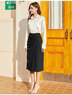 Women's Knot Side Ruched Elegant Midi Skirt High Waist Business Casual Skirts