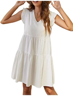 Women's Summer Mini Dress Casual Sleeveless Ruffled Sleeve V Neck Loose Swing A Line Flowy Beach Badydoll Dress