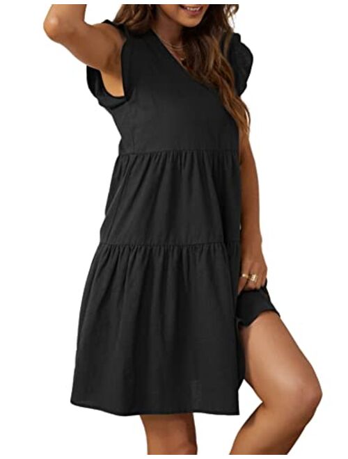 Kate Kasin Women's Summer Mini Dress Casual Sleeveless Ruffled Sleeve V Neck Loose Swing A Line Flowy Beach Badydoll Dress