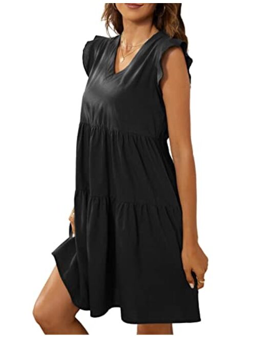 Kate Kasin Women's Summer Mini Dress Casual Sleeveless Ruffled Sleeve V Neck Loose Swing A Line Flowy Beach Badydoll Dress