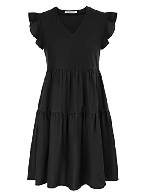 Kate Kasin Women's Summer Mini Dress Casual Sleeveless Ruffled Sleeve V Neck Loose Swing A Line Flowy Beach Badydoll Dress