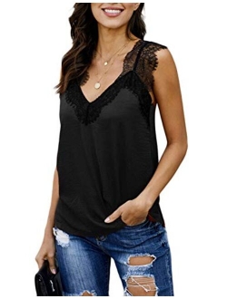 Women's V Neck Lace Strappy Cami Tank Tops Sleeveless Casual Loose Blouses Shirts