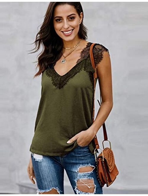 Kate Kasin Women's V Neck Lace Strappy Cami Tank Tops Sleeveless Casual Loose Blouses Shirts