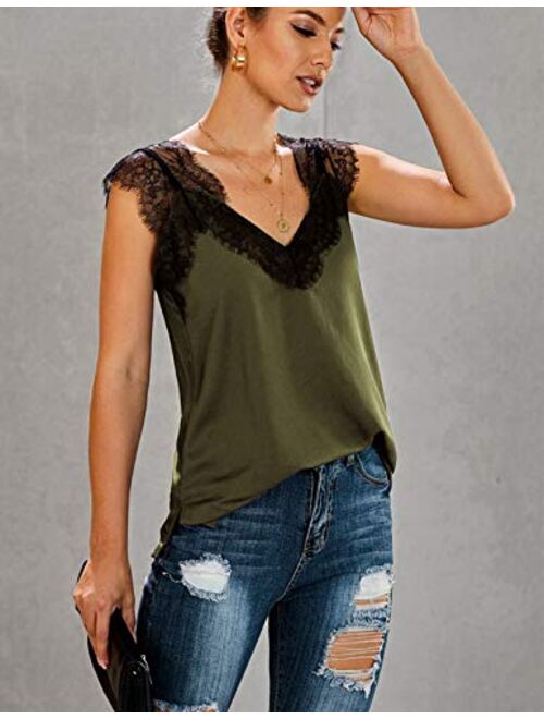 Kate Kasin Women's V Neck Lace Strappy Cami Tank Tops Sleeveless Casual Loose Blouses Shirts