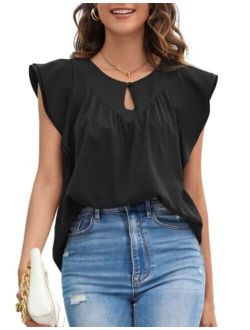 Women Ruffle Cap Sleeve Blouse Button Keyhole Front Round Neck Pleated Tops Loose Fit Shirts