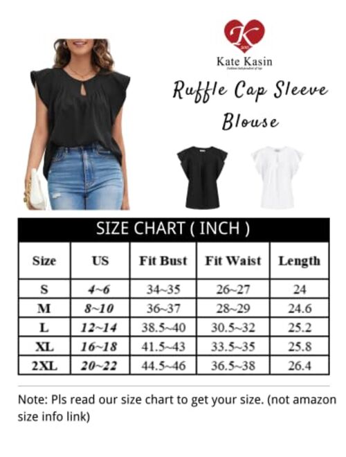 Kate Kasin Women Ruffle Cap Sleeve Blouse Button Keyhole Front Round Neck Pleated Tops Loose Fit Shirts