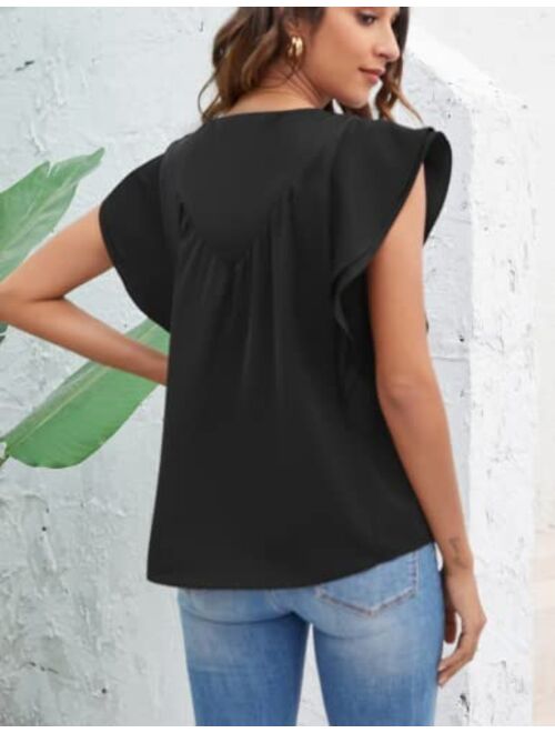 Kate Kasin Women Ruffle Cap Sleeve Blouse Button Keyhole Front Round Neck Pleated Tops Loose Fit Shirts