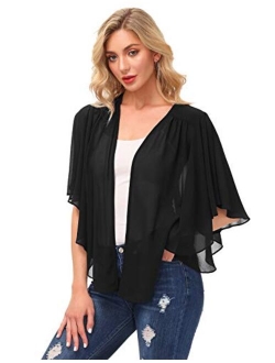 Women Ruffle Sleeve Cover Up Open Front Pleated Shrug Cardigan Cape
