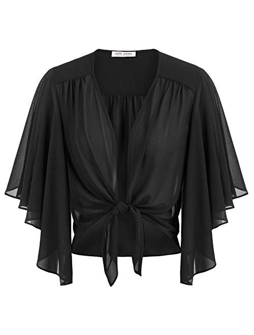 Kate Kasin Women Ruffle Sleeve Cover Up Open Front Pleated Shrug Cardigan Cape