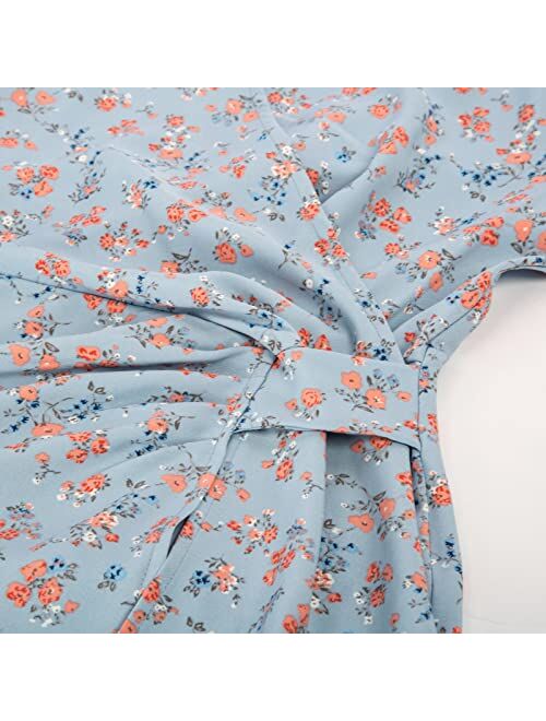 Kate Kasin Women Wrap V Neck Floral Print Mini Dress Ruffle Short Sleeve Irregular Hem Tie Waist Ruched Semi Formal Dresses