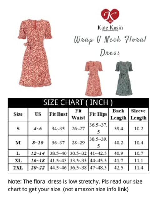 Kate Kasin Women V-Neck Floral Dress Puffed Short Sleeve Ruffled Hem A-Line Beach Dresses with Belt