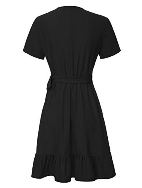 Kate Kasin Women Mini Dress Wrap V Neck Casual Summer Dress Short Sleeves Ruffled Irregular Hem with Tie Belt