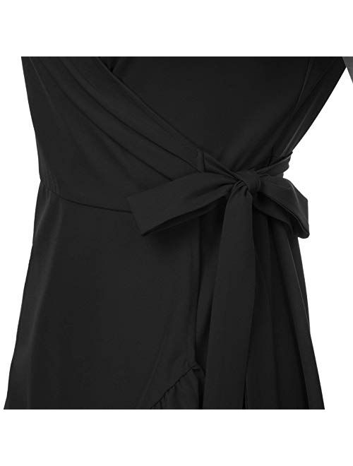 Kate Kasin Women Mini Dress Wrap V Neck Casual Summer Dress Short Sleeves Ruffled Irregular Hem with Tie Belt