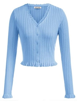 Women Long Sleeve Button Down V Neck Lace Trim Sweater Knit Cardigan