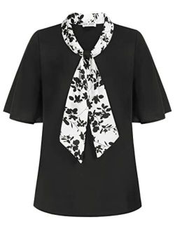 Women Ruffle Short Sleeves Bow Tie Blouse Summer Elegant Business Casual Chiffon Shirt Tops Dressy