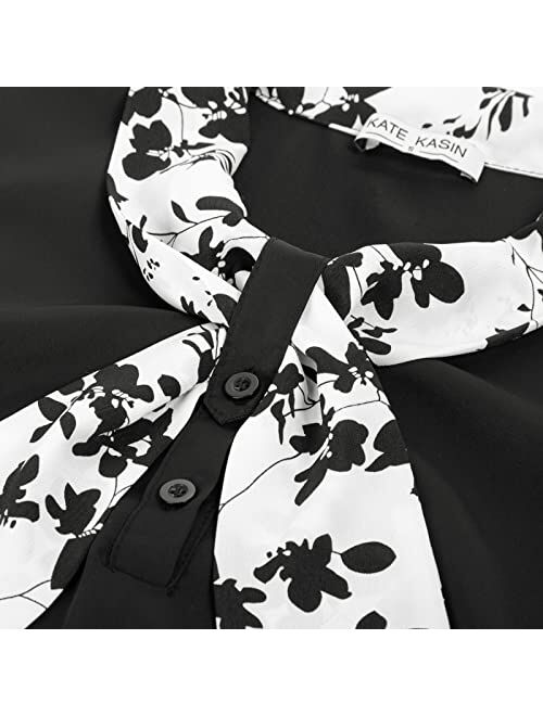 Kate Kasin Women Ruffle Short Sleeves Bow Tie Blouse Summer Elegant Business Casual Chiffon Shirt Tops Dressy
