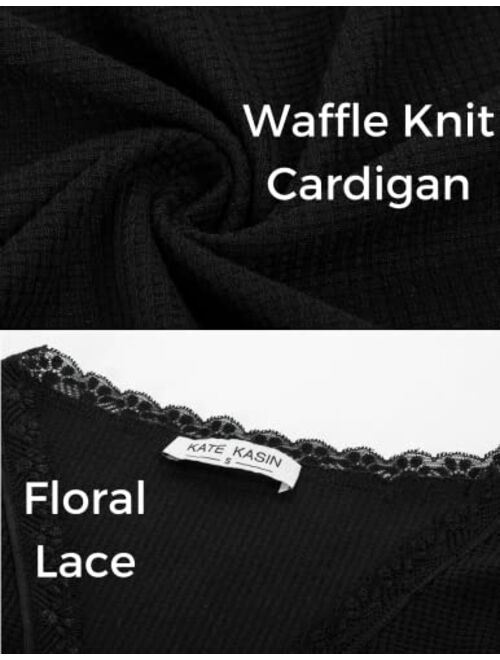 Kate Kasin Women Lightweight Lace Trim Shrug Waffle Knit Open Front Cardigan Sweater 3/4 Sleeve Loose Kimono Cover Up