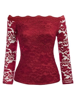 Women's Off Shoulder Lace Top Sexy Floral Lace Blouse T-Shirt Long Sleeve
