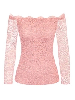 Women's Off Shoulder Lace Top Sexy Floral Lace Blouse T-Shirt Long Sleeve
