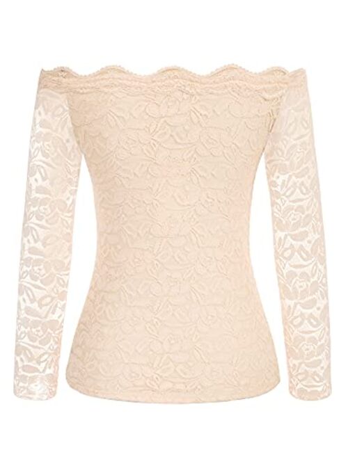 Kate Kasin Women's Off Shoulder Lace Top Sexy Floral Lace Blouse T-Shirt Long Sleeve