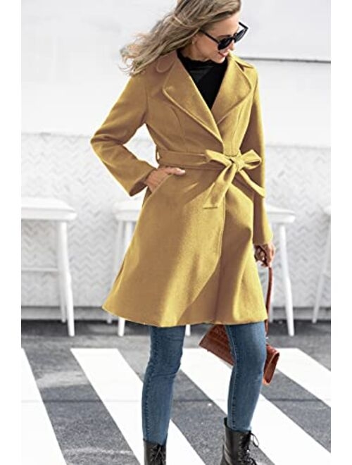 Kate Kasin Women A Line Peacoat Dress Coat Belted Notch Lapel Overcoat Fall Winter Trench Coats